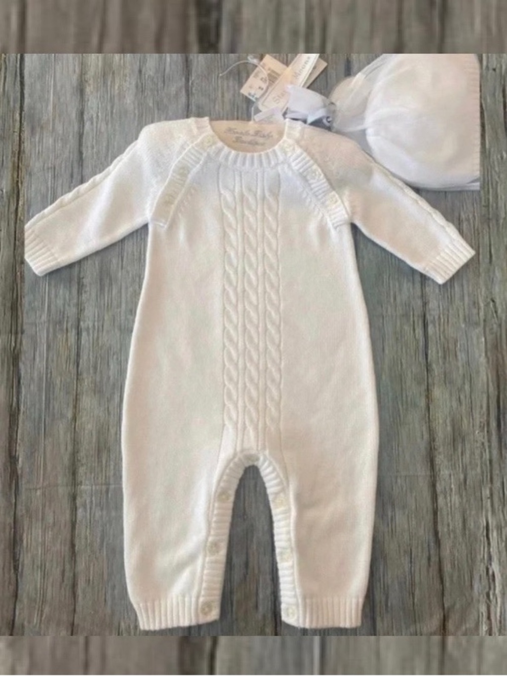 New Baby & Toddler Size 6-9 Month White Knit Romper Layette Set with Hat